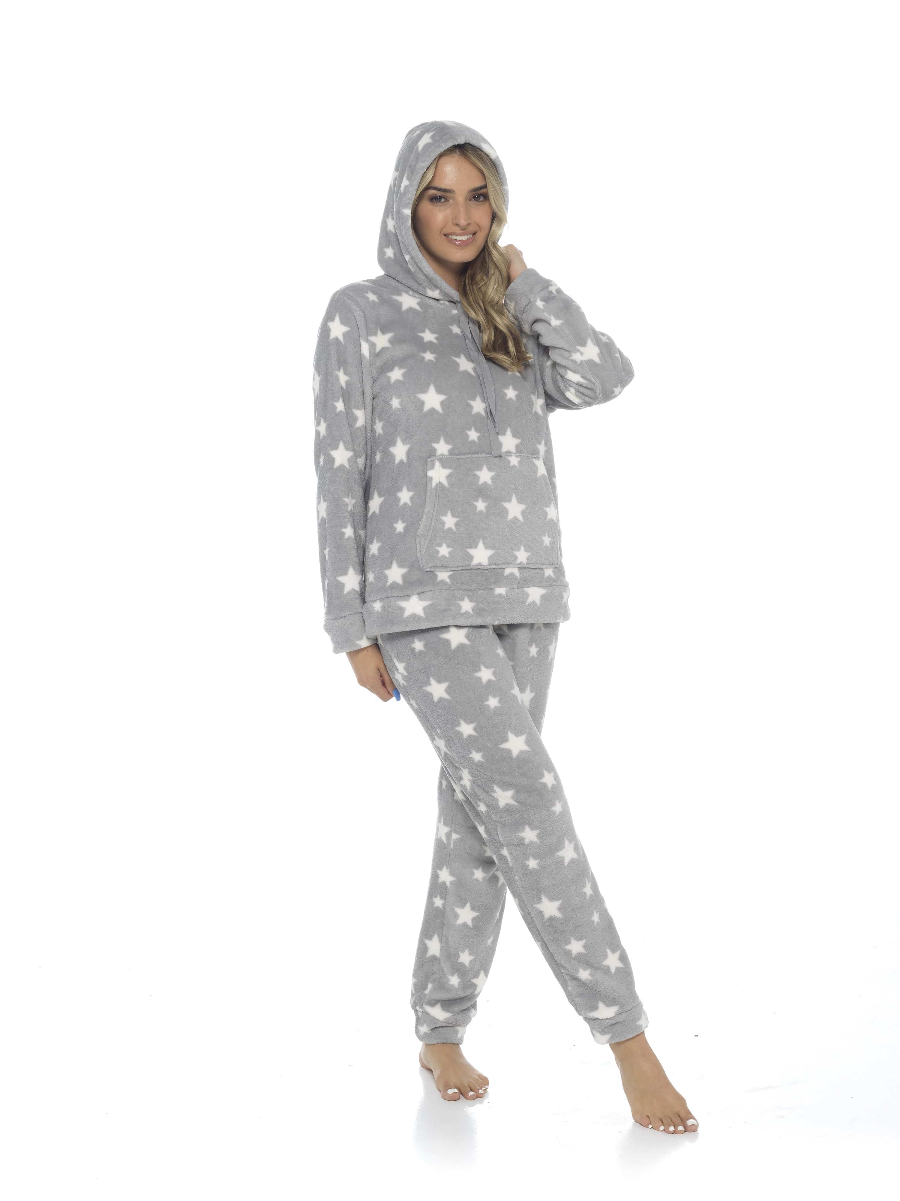 Women's Plush Fleece Hooded Pyjama Set Stars Design Soft Teddy Fabric Cosy Nightwear Loungewear Warm Comfortable Multiple Sizes by Daisy Dreamer