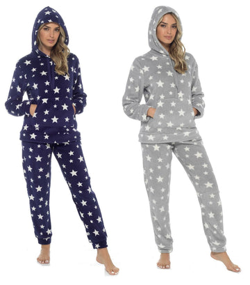 Women's Plush Fleece Hooded Pyjama Set Stars Design Soft Teddy Fabric Cosy Nightwear Loungewear Warm Comfortable Multiple Sizes by Daisy Dreamer