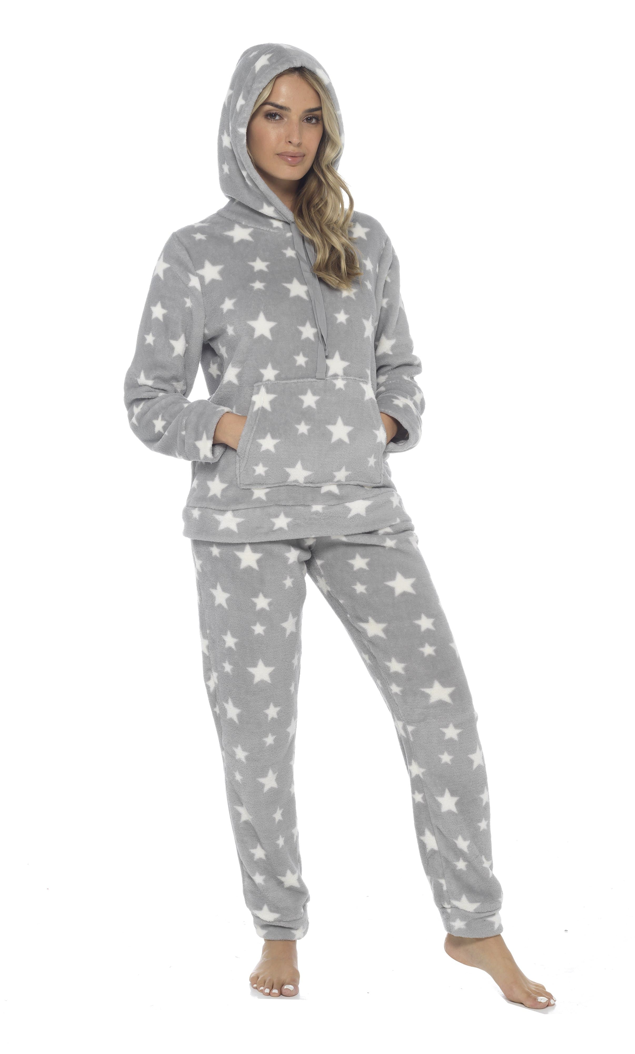 Women's Plush Fleece Hooded Pyjama Set Stars Design Soft Teddy Fabric Cosy Nightwear Loungewear Warm Comfortable Multiple Sizes by Daisy Dreamer