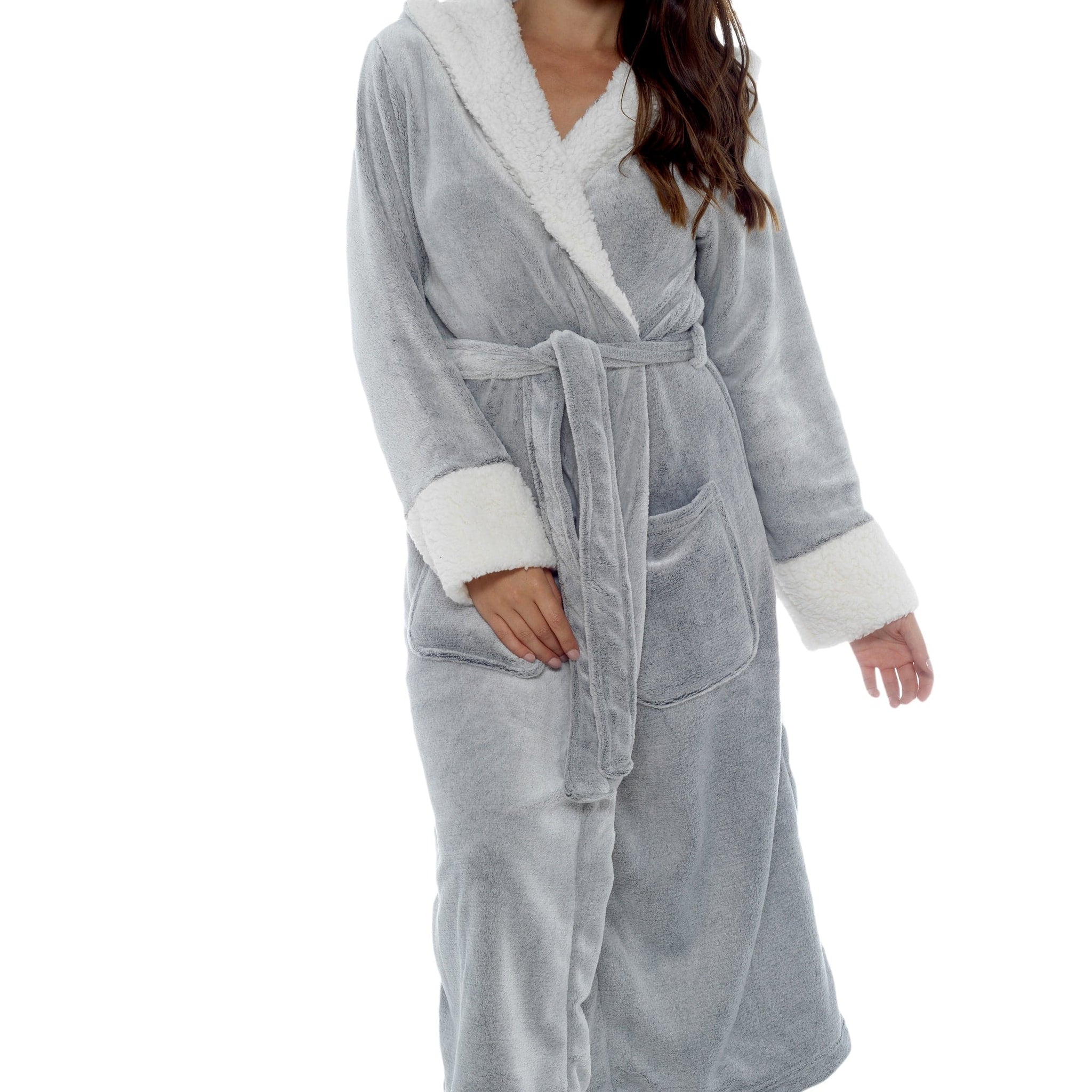 Women's Shimmer Fleece Hooded Bath Robe Soft Plush Luxurious Dressing Gown Perfect for Lounging and Cosy Nights in Shimmer Grey Multiple Sizes by Daisy Dreamer
