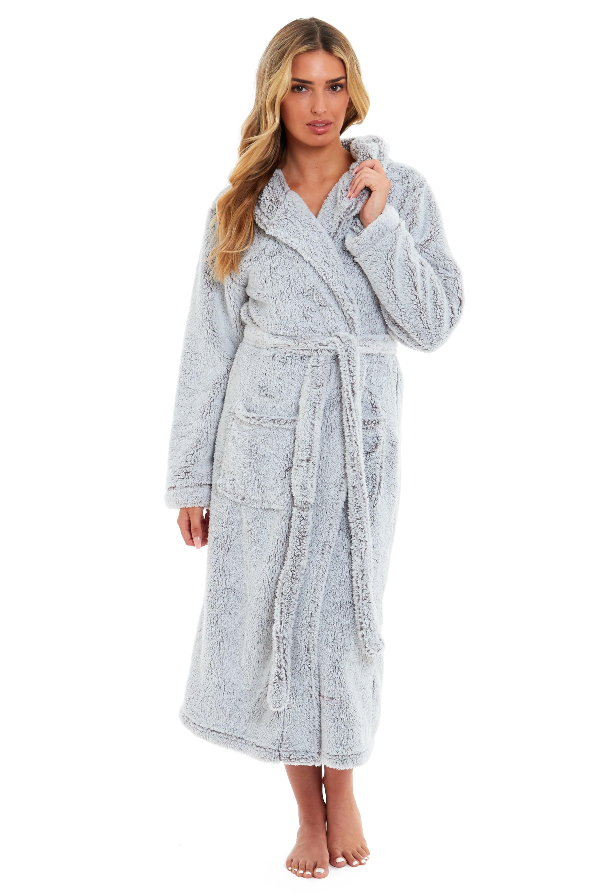 Women's Shimmer Grey Snuggle Fleece Touch Hooded Robe Luxurious Soft Loungewear Cosy Durable Dressing Gown UK Sizes 8-22 by Daisy Dreamer