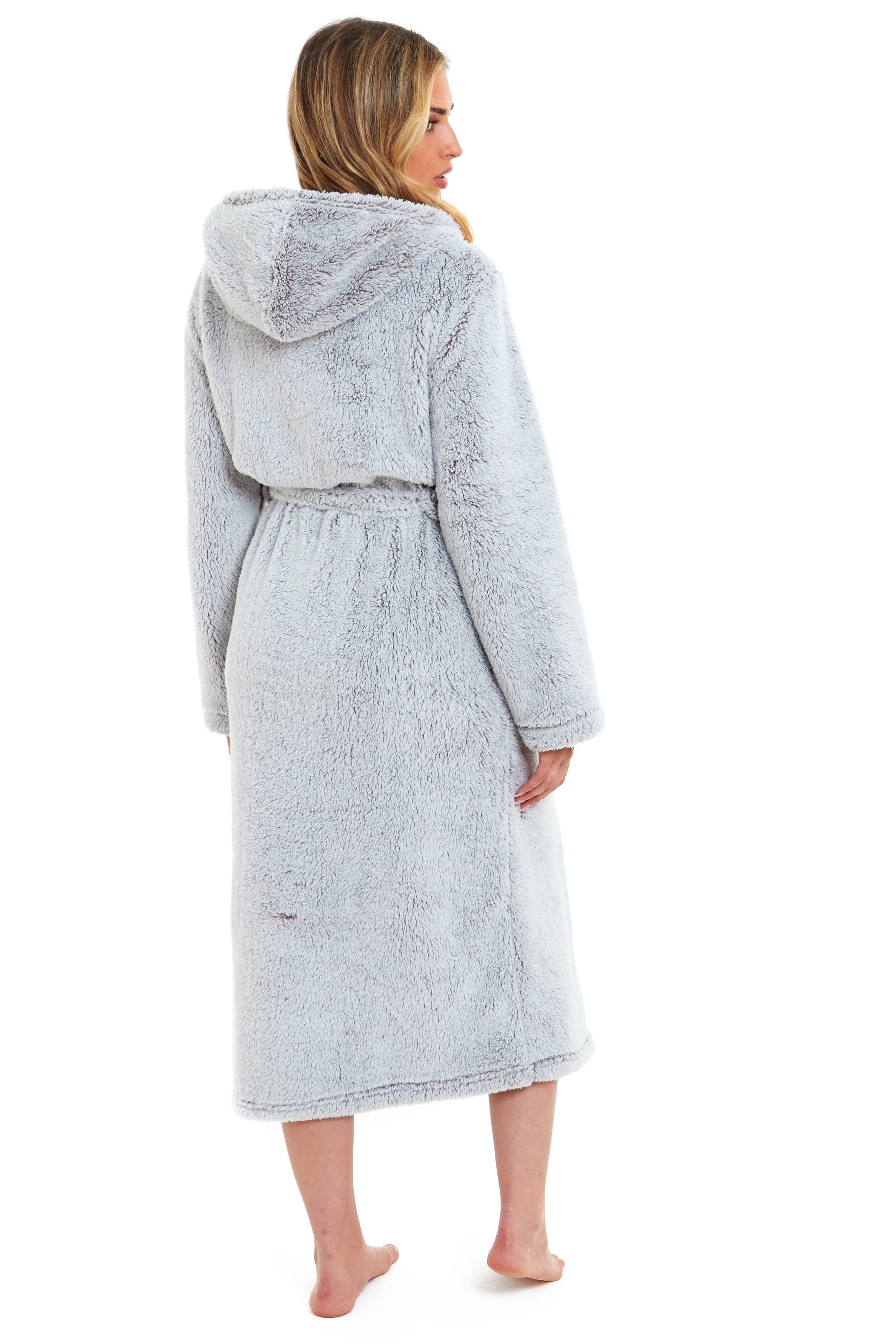 Women's Shimmer Grey Snuggle Fleece Touch Hooded Robe Luxurious Soft Loungewear Cosy Durable Dressing Gown UK Sizes 8-22 by Daisy Dreamer