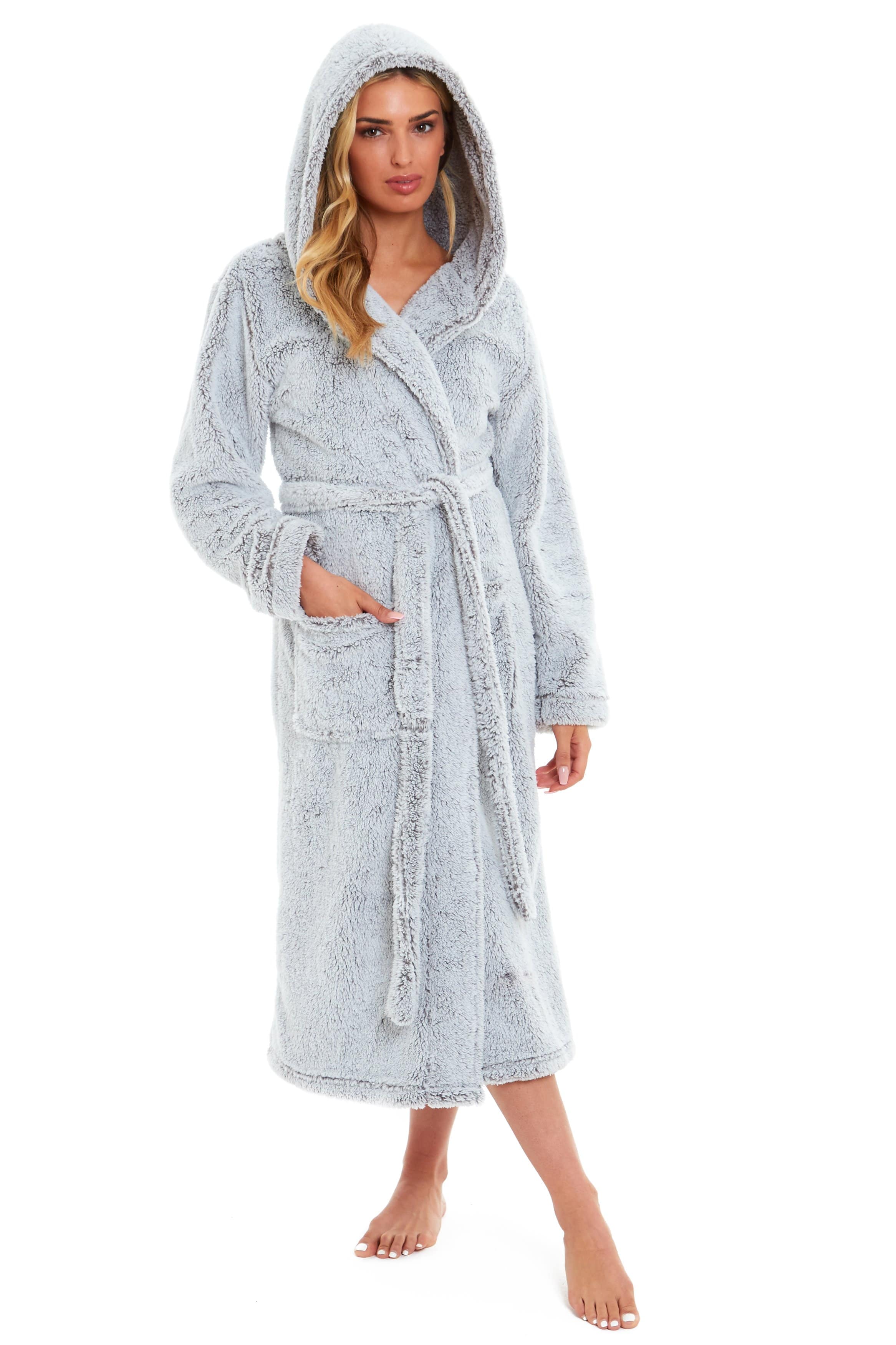 Women's Shimmer Grey Snuggle Fleece Touch Hooded Robe Luxurious Soft Loungewear Cosy Durable Dressing Gown UK Sizes 8-22 by Daisy Dreamer