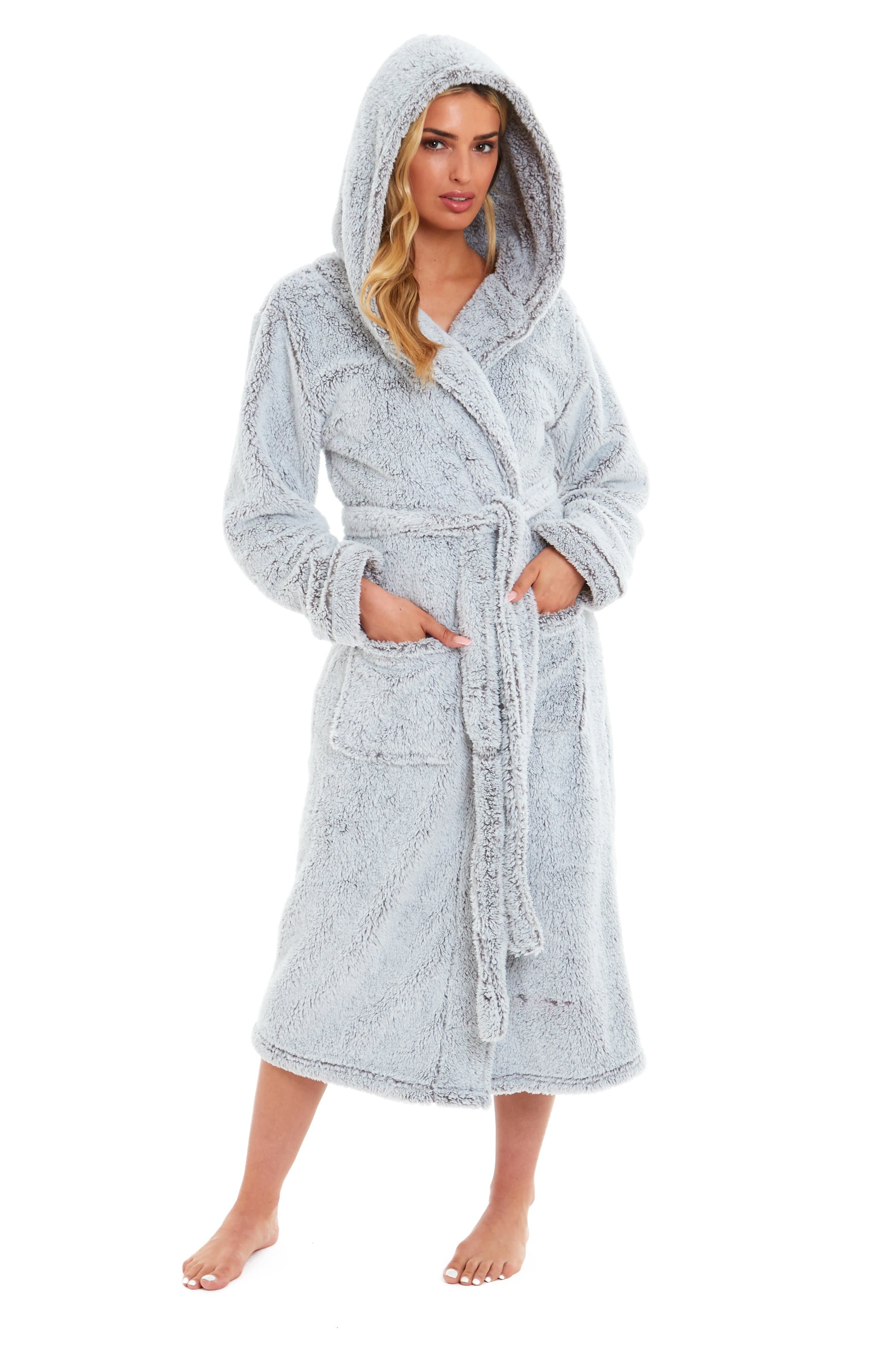 Women's Shimmer Grey Snuggle Fleece Touch Hooded Robe Luxurious Soft Loungewear Cosy Durable Dressing Gown UK Sizes 8-22 by Daisy Dreamer