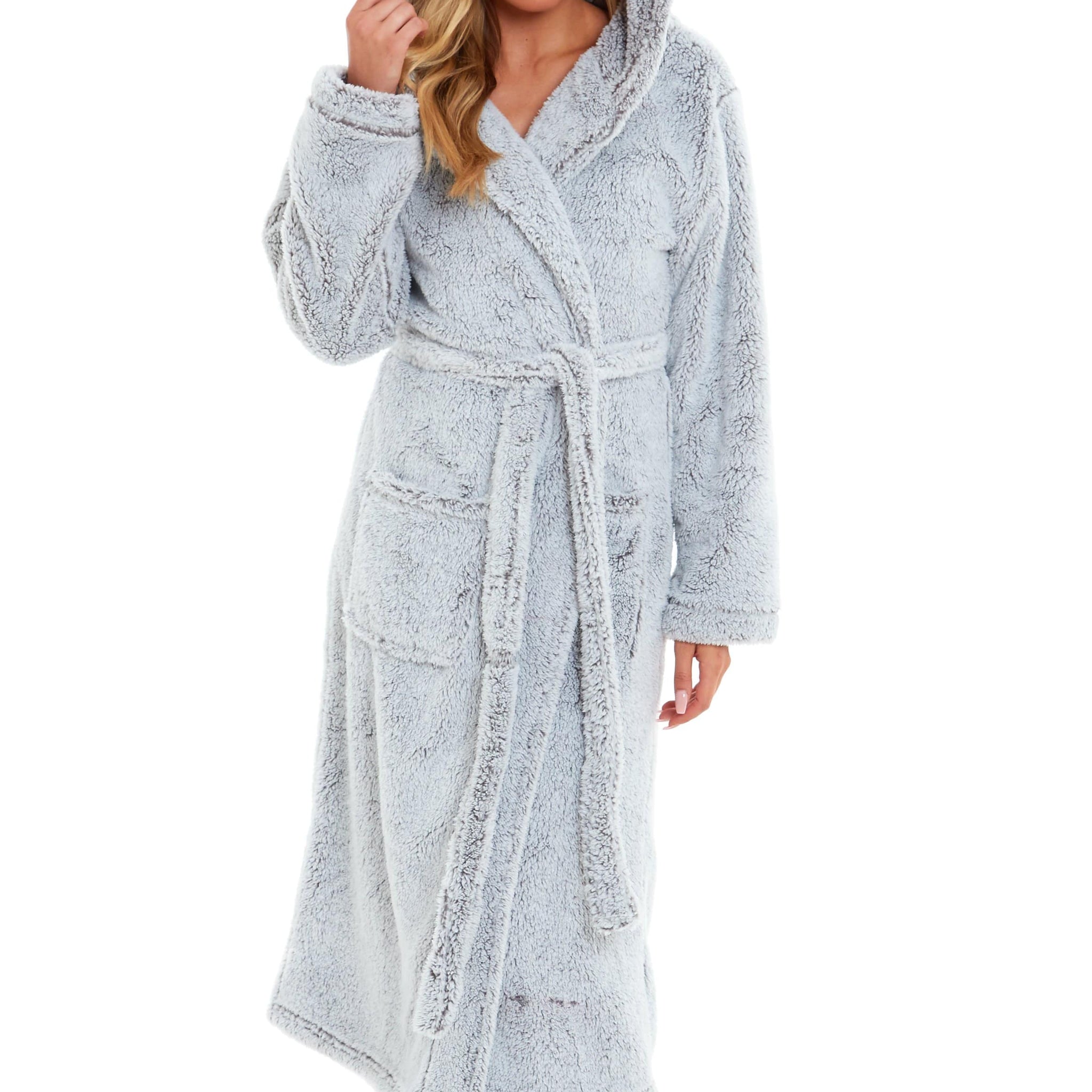 Women's Shimmer Grey Snuggle Fleece Touch Hooded Robe Luxurious Soft Loungewear Cosy Durable Dressing Gown UK Sizes 8-22 by Daisy Dreamer