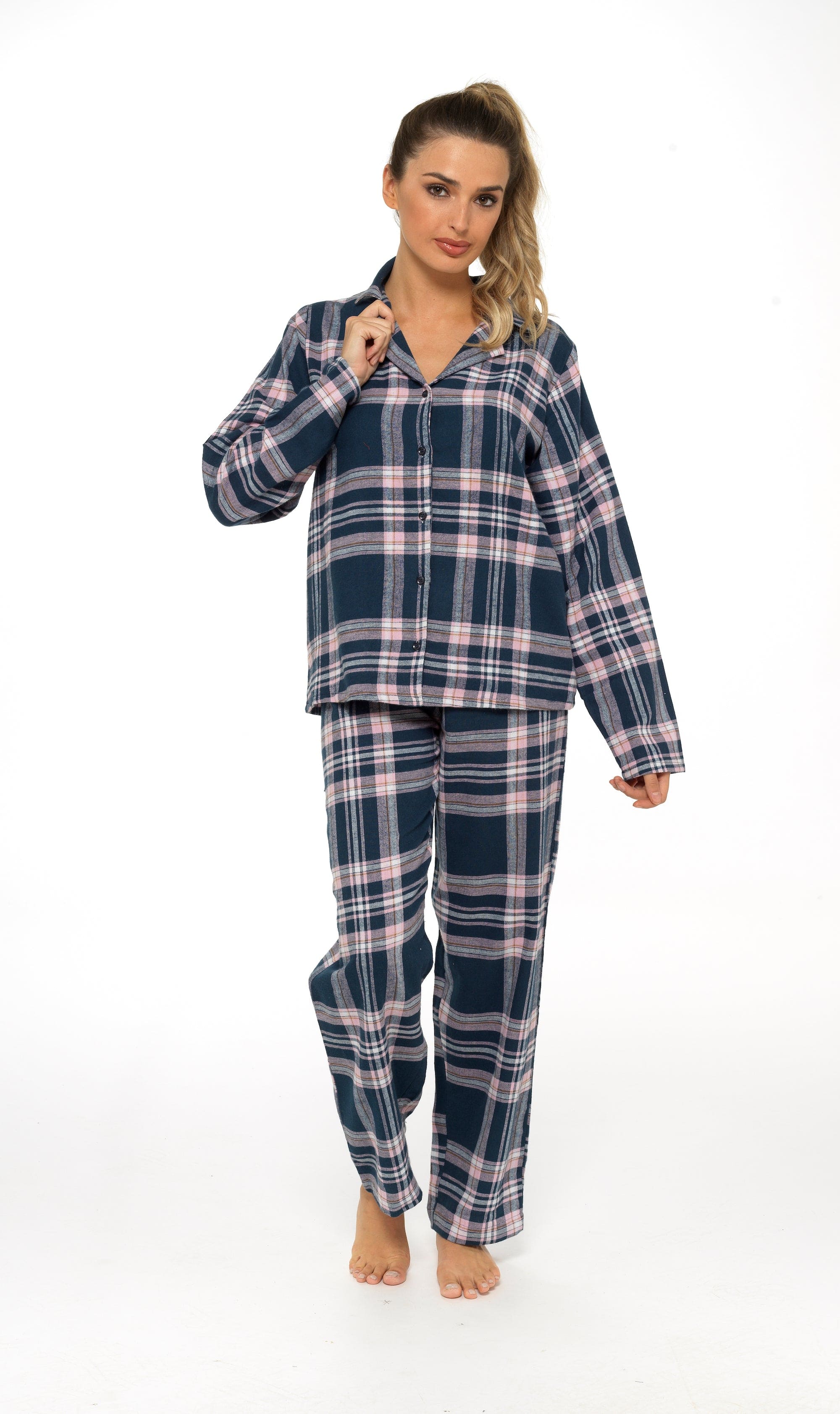 Women's Soft Cotton Flannelette Check Pyjama Set with Elasticated Waistband Cosy Warm Nightwear PJs Classic Check Pattern Sleepwear UK Sizes 8-22 by Daisy Dreamer
