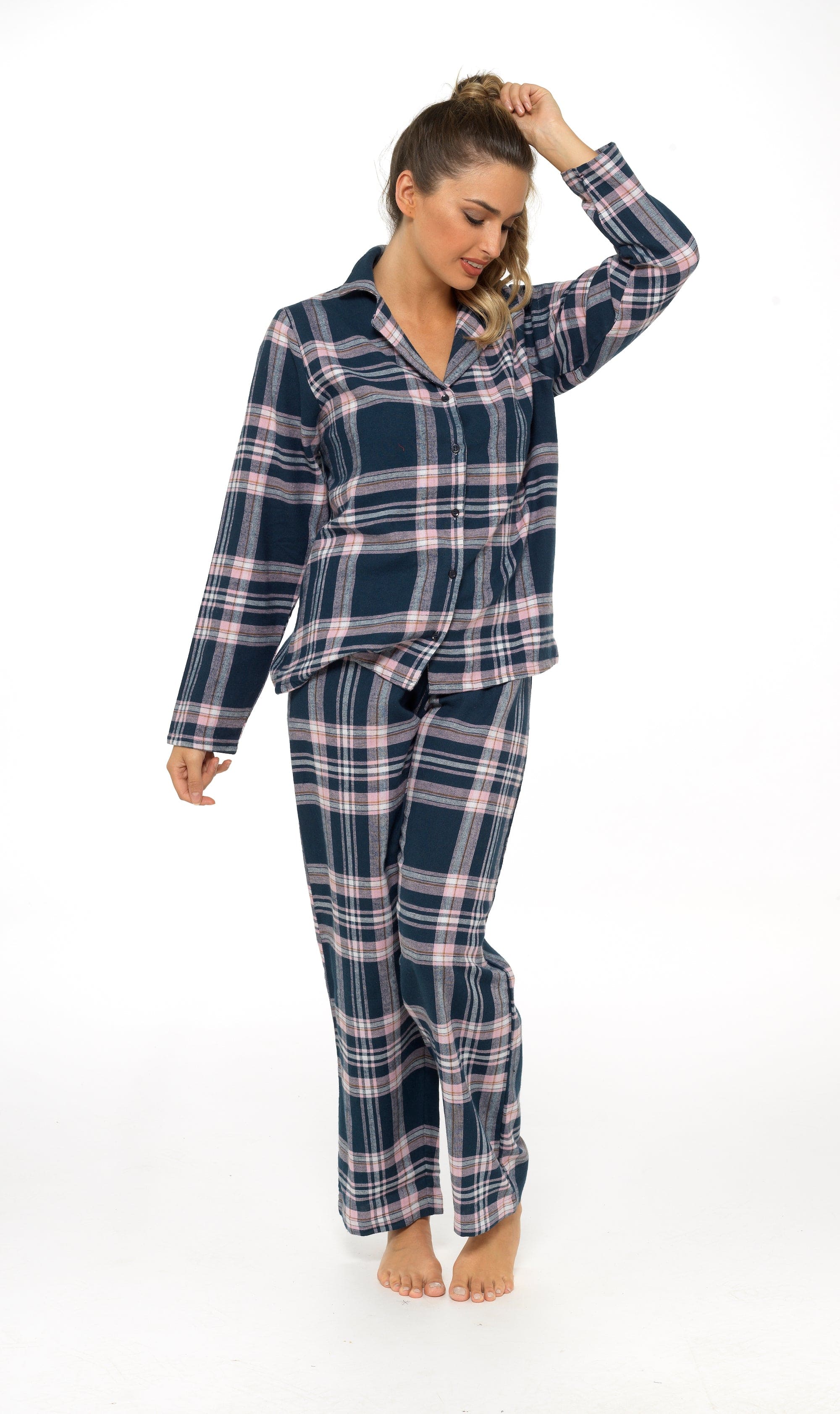 Women's Soft Cotton Flannelette Check Pyjama Set with Elasticated Waistband Cosy Warm Nightwear PJs Classic Check Pattern Sleepwear UK Sizes 8-22 by Daisy Dreamer