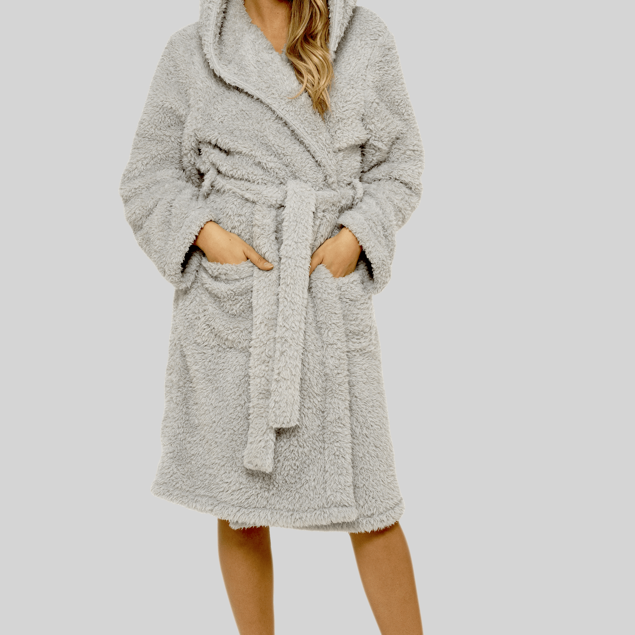 Women's Soft Grey Teddy Fleece Hooded Robe Ultra-Soft Sherpa Lined Cozy Nightwear Warm Dressing Gown by Daisy Dreamer