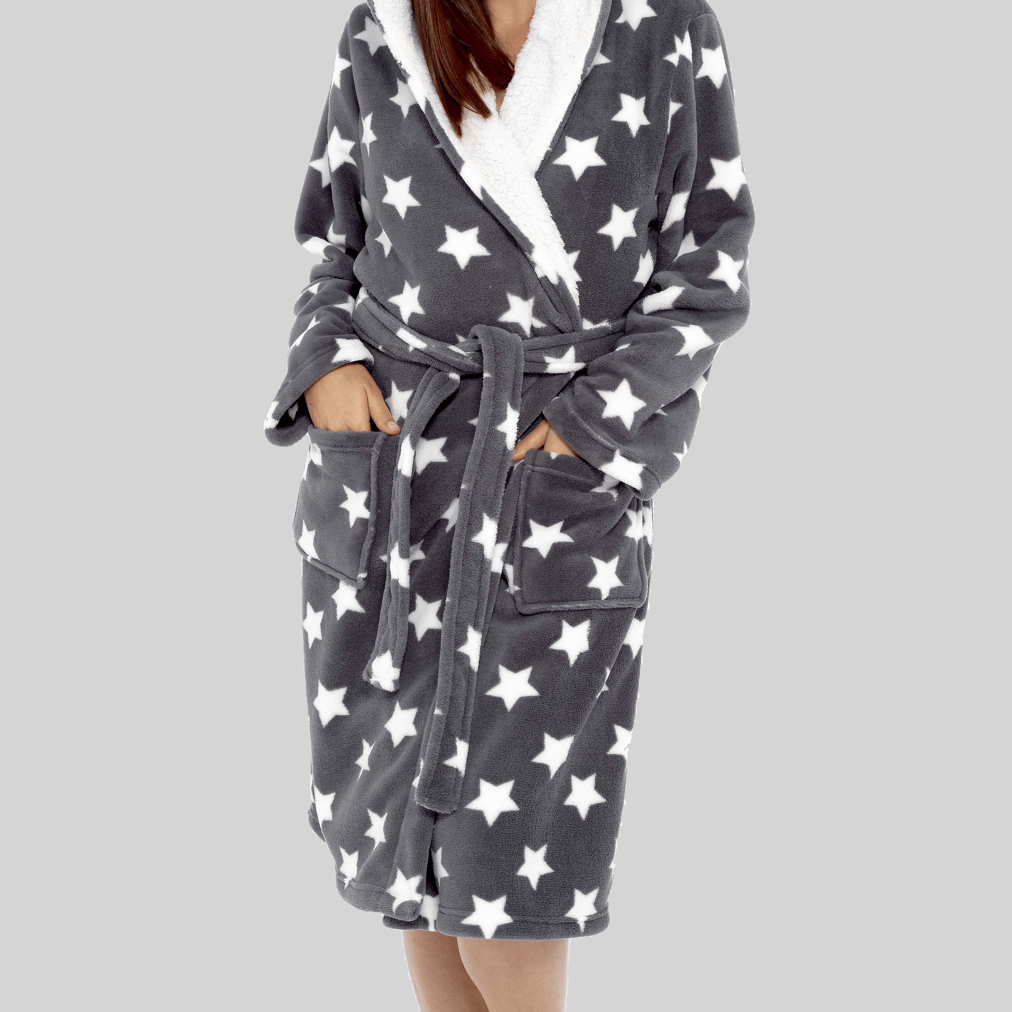Women's Star Grey Hooded Plush Fleece Robe with Ultra Soft Sherpa Fur Lining and Stylish Star Pattern by Daisy Dreamer