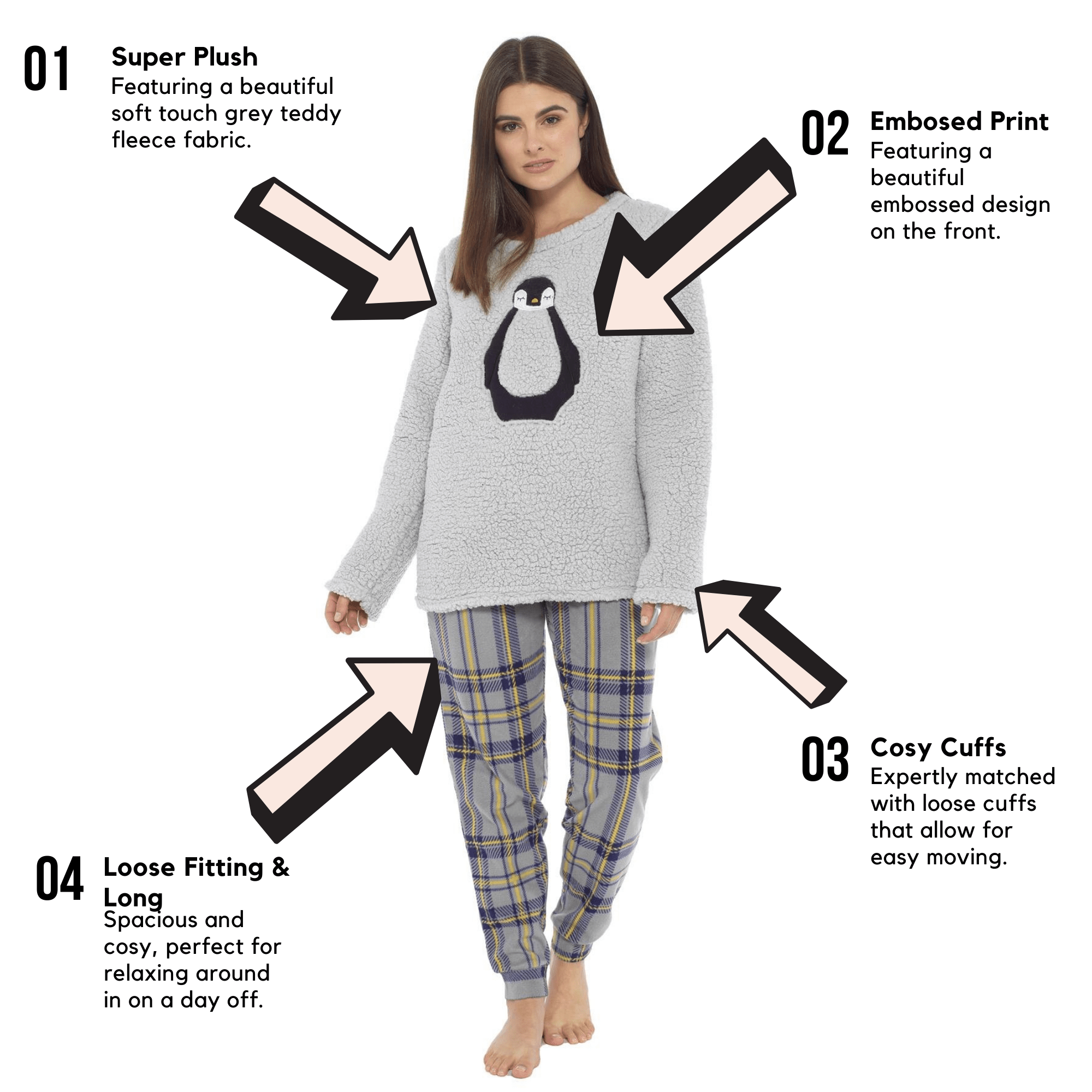 Women's Teddy Fleece Pyjama Set with Penguin Design Soft Cosy Nightwear Stylish Loungewear Warm Snuggle PJs with Contrasting Bottoms for Chilly Evenings by Daisy Dreamer