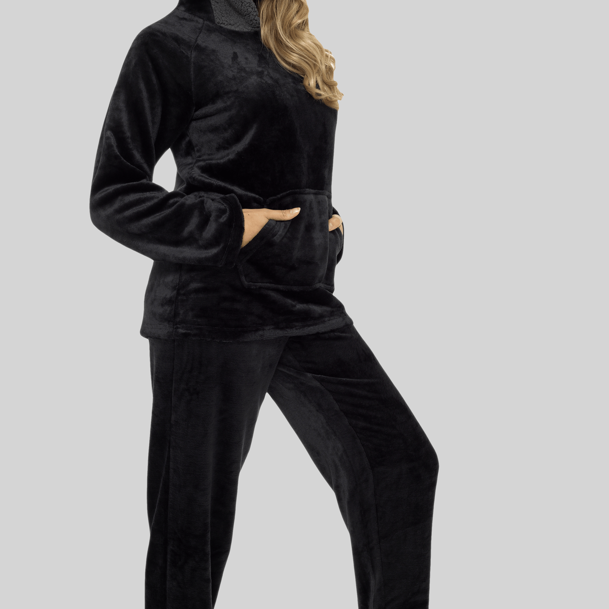 Women's Ultra-Soft Black Plush Fleece Hooded Pyjama Set with Sherpa Lining Cosy Durable Nightwear Sizes S to XL by Daisy Dreamer