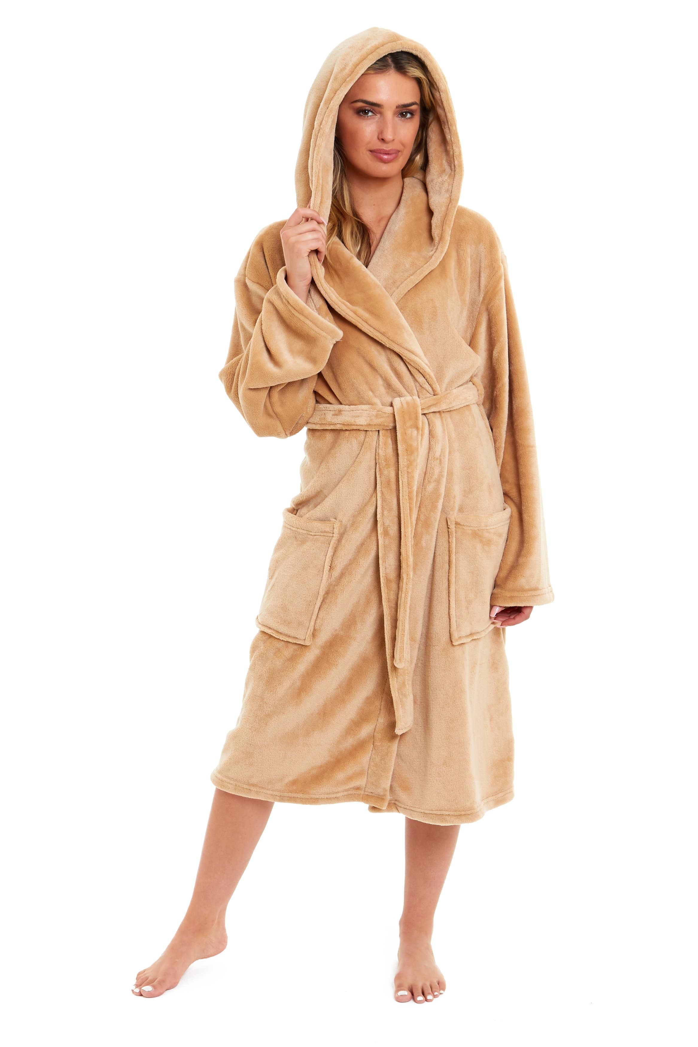 Women's Ultra-Soft Hooded Plush Fleece Dressing Gown Warm Velvet Bathrobe for Lounging and Relaxing in Winter by Daisy Dreamer