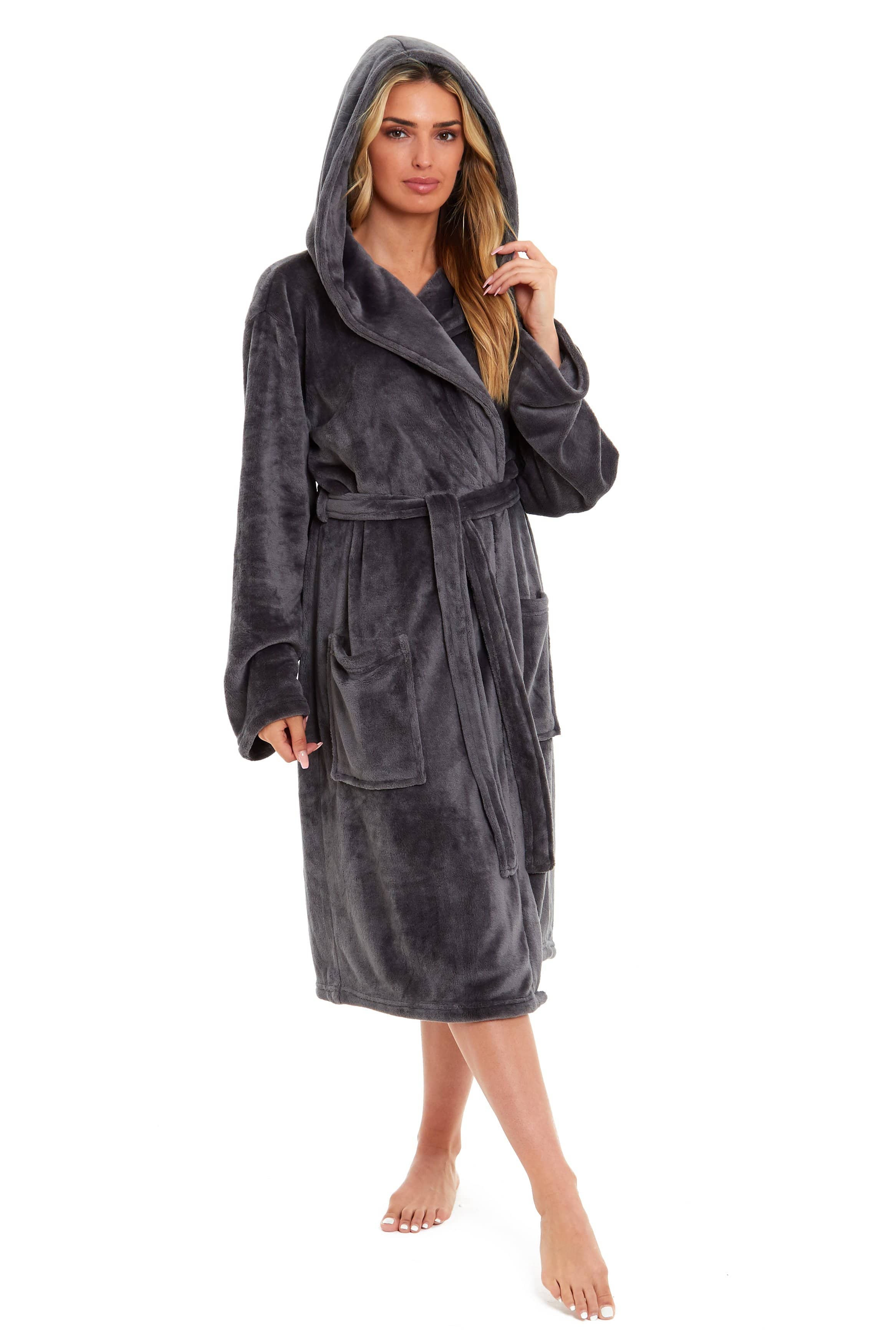 Women's Ultra-Soft Hooded Plush Fleece Dressing Gown Warm Velvet Bathrobe for Lounging and Relaxing in Winter by Daisy Dreamer