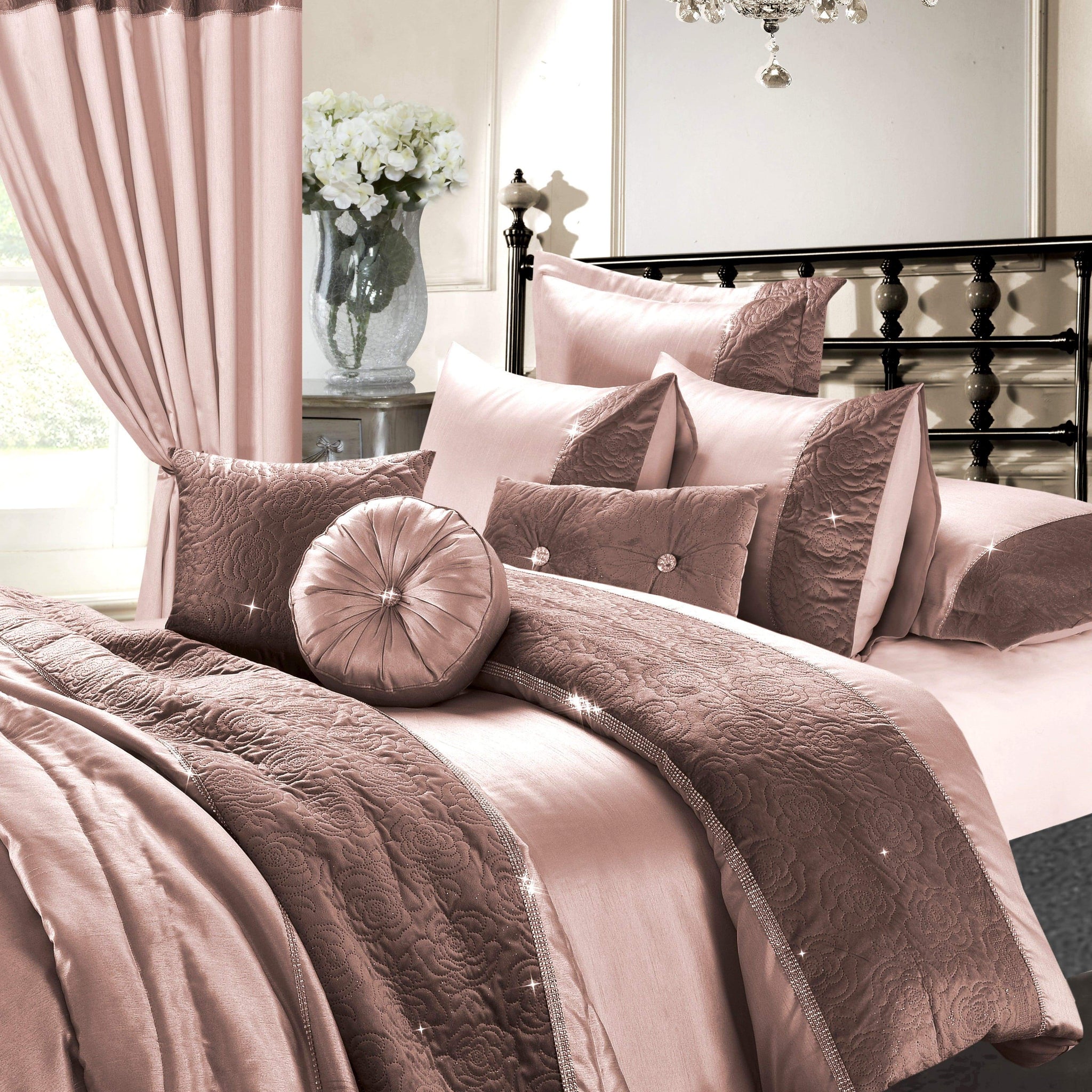 Zina 7 Piece Rose Gold Duvet Set with Quilted Trim and Diamante Detailing Includes Cover Fitted Sheet Pillowcases Cushions Elegant Bedding by OLIVIA ROCCO